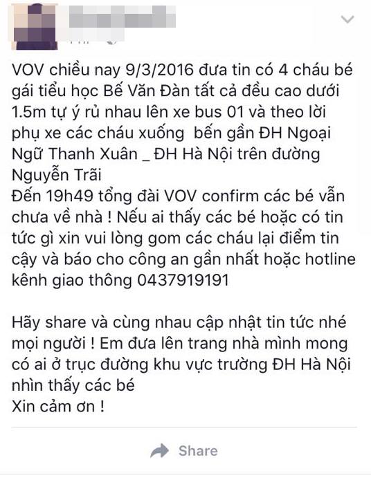 4 học sinh tiểu học mất tích sau khi tan học đã về nhà an toàn