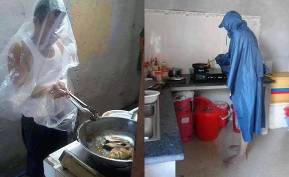 Đã vào bếp thì phải có áo mưa hoặc túi ni lông mới bảo vệ được thân thể.