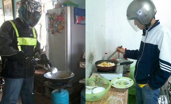 Nấu cơm thôi mà nhìn các anh như đi phượt.