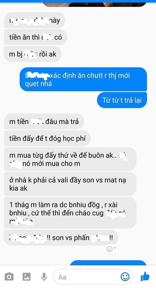 Đoạn tin nhắn của ông chồng sau khi phát hiện ra cô vợ đã quẹt hết 11 triệu trong thẻ.