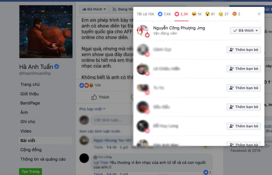 Fanpage chính chủ của Công Phượng thả tim cho bài đăng của Hà Anh Tuấn.