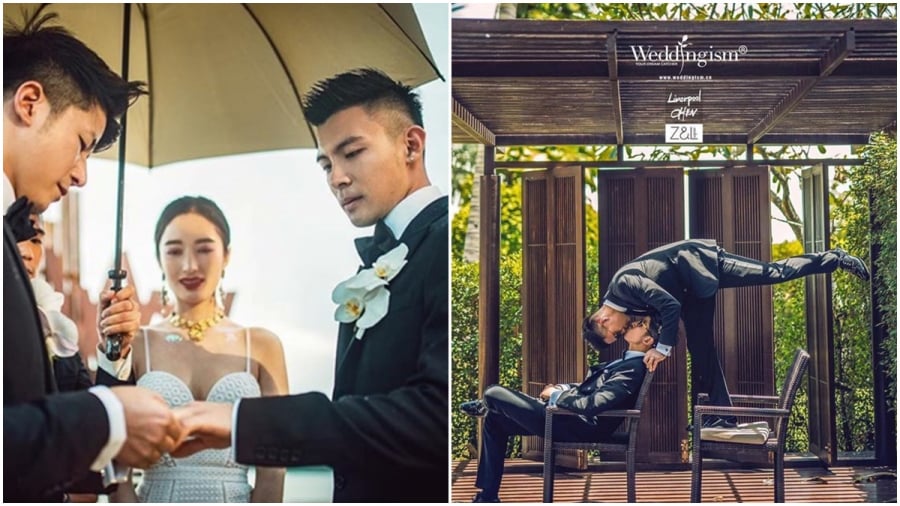 Cặp đôi diện vest đen lịch lãm, cài trên ngực bông hoa địa lan, tượng trưng cho sức mạnh tình yêu lớn cùng sự gắn kết giữa hai người đàn ông.
