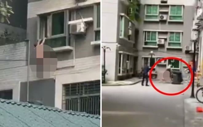 Người đàn ông sau đó ngã từ tầng 4 xuống và rơi trúng một thùng rác.