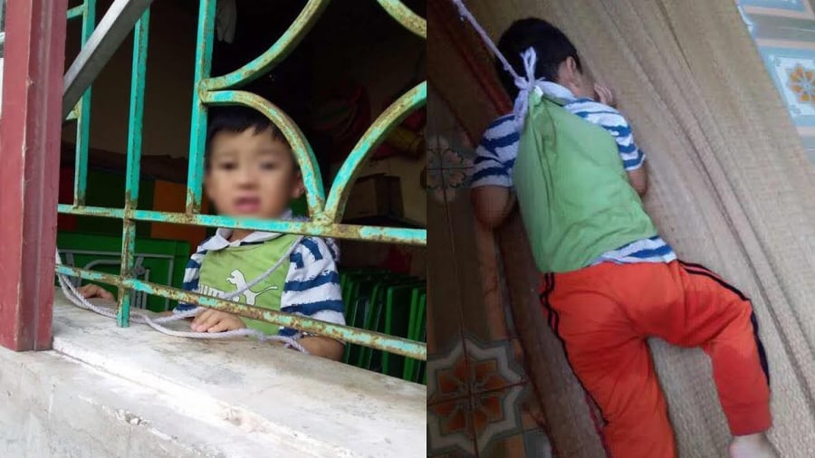 Học sinh mầm non bị buộc vào cửa sổ lớp học.