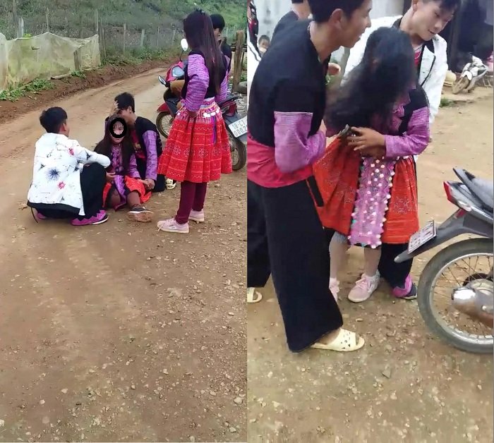 Cô gái bị các chàng trai lôi kéo lên xe máy. Ảnh Cắt từ clip.