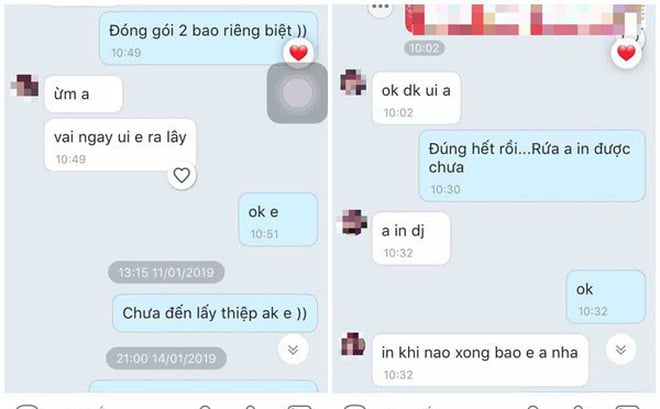 Đoạn tin nhắn giữa chủ tiệm thiệp và vợ chồng trẻ. 