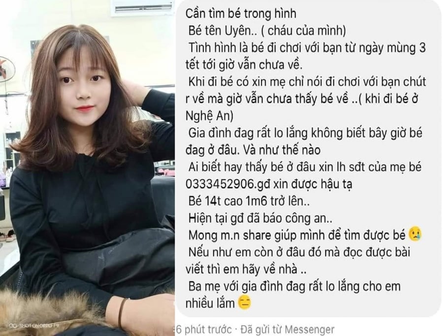 Gia đình đăng tìm tung tích nữ sinh. Ảnh chụp facebook.