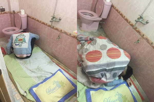 Hình ảnh anh chàng quận tròn trong chăn ở trong nhà vệ sinh.