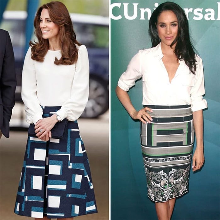 Áo sơ mi trắng kết hợp chân váy họa tiết ấn tượng là lựa chọn của Kate Middleton và Meghan Markle