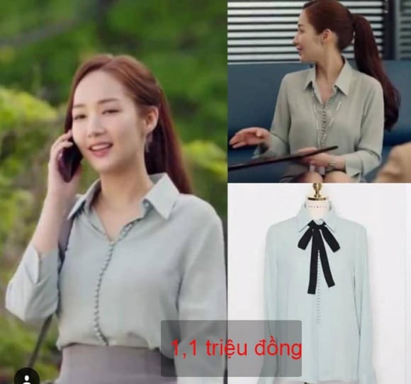 Sơ mi kết hợp chân váy dường như là combo không thể thiếu đối với một nàng thư kí. Áo sơ mi pastel của Sezwick được Park Min Young lăng-xê nhanh chóng cháy hàng.