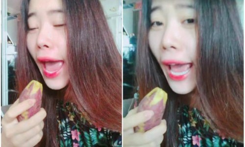 Nam Em đang cố đánh son lòng môi, nhưng vì quá cẩu thả, không tán son kĩ nên mới xảy ra hậu quả này. Đôi môi với lớp son loang lổ, lem nhem và nham nhở như trẻ con tô màu vậy.