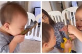 Tan chảy với khoảnh khắc Leon nói chuyện video với mẹ, cầm điện thoại hôn lấy hôn để